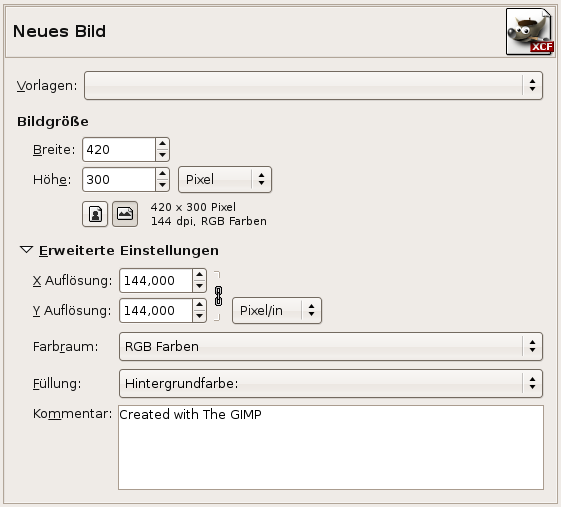 Die Einstellungsansicht für neue Bilder